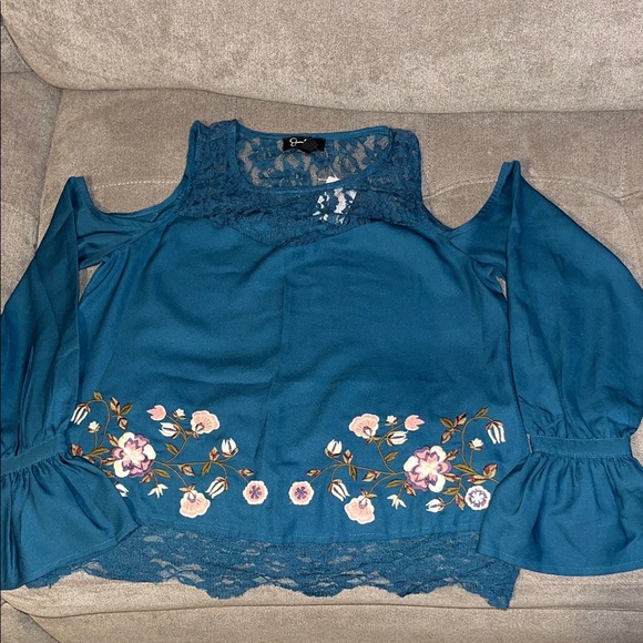 Jessica Simpson Teal Lace Cold Shoulder Blouse with Floral Design - Picture 1 of 11